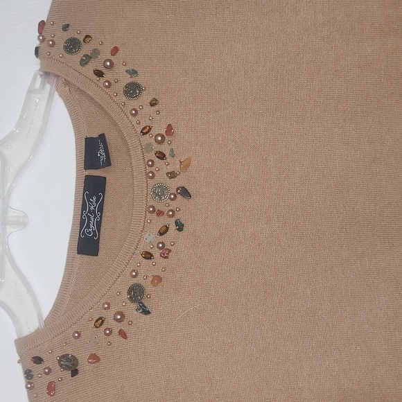 Crystal Kobe Sweater Brown Beaded Crew Neck Jasper Pearl Embellished Sz 3/4 - Picture 2 of 8